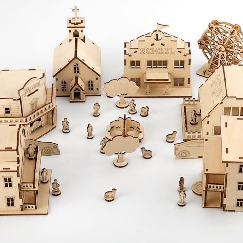 FOKKAH Retro Town 3D Wooden Puzzle Model Kit