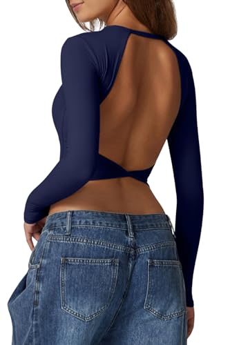 QINSEN Crewneck Basic Bodycon Shirt Long Sleeve Open Back Top for Women
